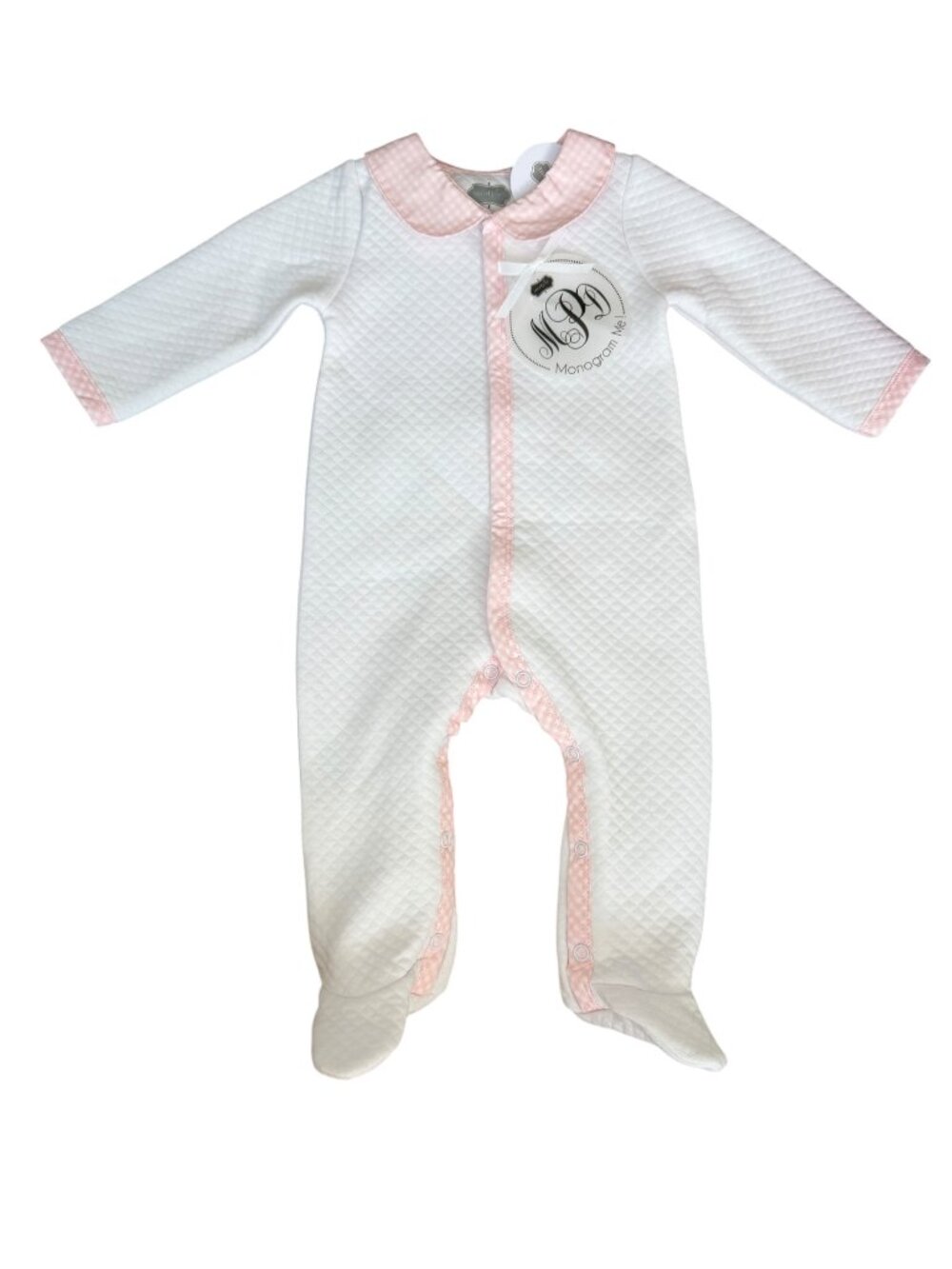 NWT Mud Pie Baby Girl 0-3M Quilted Footie Sleeper Pink Gingham Monogram Me